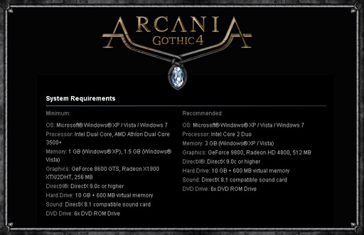 Готика 4: Аркания  - Системные требования Arcania: Gothic 4